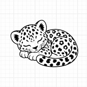 May include: A black and white line art illustration of a sleeping leopard cub. The cub is curled into a ball with its head resting on its front paws. The design features distinct spots covering the body, head, and long tail, with closed eyes.