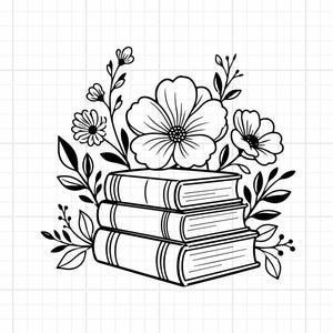 May include: A black and white line art illustration featuring a stack of three books positioned beneath a cluster of various flowers and leaves. The design is set against a subtle grid background, showcasing clean outlines and botanical elements.