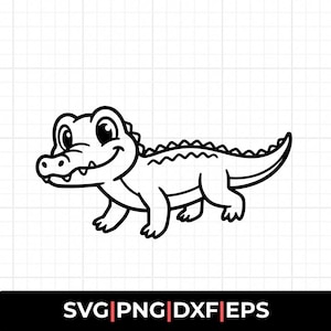 Op de afbeelding: Een zwart-wit lijntekening van een glimlachende baby-alligator met grote ogen en een getextureerde rug, geplaatst boven de tekst SVG|PNG|DXF|EPS. Het ontwerp heeft strakke, dikke lijnen die geschikt zijn voor digitaal snijden.