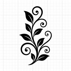 May include: A black graphic decal featuring a vertical vine design with pointed leaves and symmetrical swirling tendrils. The illustration is set against a white grid background, showcasing a clean, high-contrast botanical pattern.