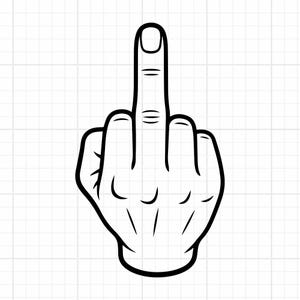 Op de afbeelding: Een zwart-wit lijntekening van een hand die een middelvingergebaar maakt. De illustratie heeft dikke zwarte lijnen op een witte achtergrond met een subtiel rasterpatroon, waarbij de vingers gebogen zijn en de middelvinger omhoog staat.