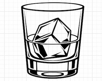 May include: A black and white line art illustration of a short, wide glass containing a single large, angular ice cube. The design features bold, clean outlines and high-contrast shading to define the glass structure and the ice.