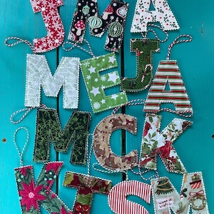Quilted Letter Monogram Christmas Holiday Ornament, Stocking Tag