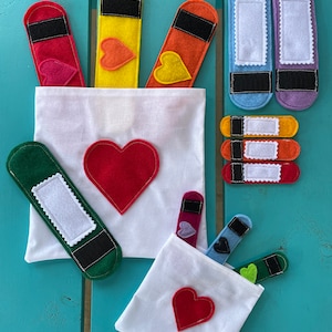 Felt Rainbow Heart Bandages Set of 6 with first aid bag, pretend play, preschool