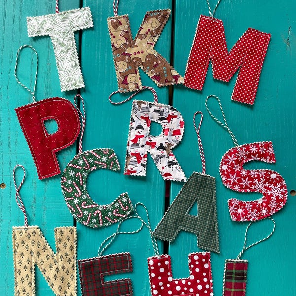 Quilted Letter Monogram Christmas Holiday Ornament, Stocking Tag