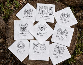 Tovaglioli da matrimonio personalizzati con ritratto di cane o gatto, tovaglioli da cocktail con illustrazione di cane o gatto disegnata a mano, accessori colorati per feste di matrimonio.
