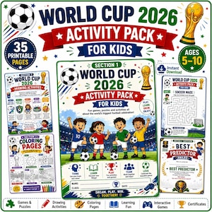 May include: A World Cup 2026 activity pack for kids featuring 35 printable pages. The design includes soccer balls, a gold trophy, and illustrations of children playing soccer. Text includes World Cup 2026 Activity Pack for Kids, Section 1, 2, 3, and 4, Best Predictor Award, and various game instructions.