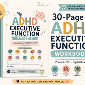 May include: A 30-page ADHD executive function toolkit workbook with a soft color palette. The cover features the text My ADHD Executive Function Toolkit, icons for focus, motivation, and routines, and a small brain illustration. Includes a printable PDF.