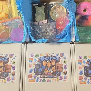 May include: Three white cardboard boxes labeled The Treasure Hut Mystery Squishy Boxes, each filled with assorted colorful squishy toys in plastic packaging, including a pink donut, a yellow block, and a container labeled 4oz Butter.