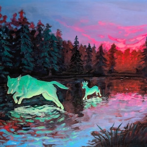May include: An oil painting depicting a glowing mint-green wolf leaping into a dark river alongside a small deer. The background features a dense forest of dark pine trees under a vibrant sunset sky with streaks of bright pink, red, and deep purple.
