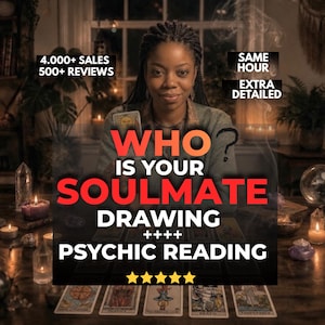 May include: A person with braided hair sits behind a table with tarot cards, candles, and crystals. Text reads: 4.000+ SALES 500+ REVIEWS, SAME HOUR EXTRA DETAILED, WHO IS YOUR SOULMATE DRAWING ++++ PSYCHIC READING, and five yellow stars at the bottom.