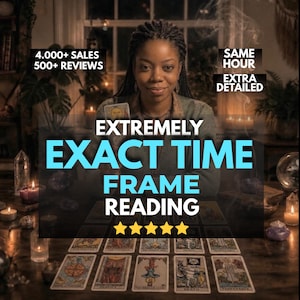 May include: A person with braided hair sits behind a table covered in tarot cards. Text overlays read 4.000+ SALES, 500+ REVIEWS, SAME HOUR, EXTRA DETAILED, EXTREMELY EXACT TIME FRAME READING, and five yellow stars are displayed at the bottom.