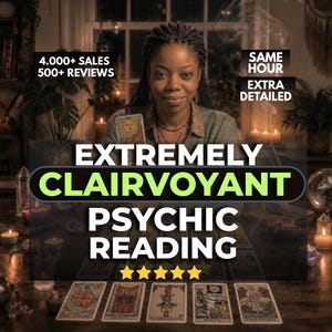 May include: A person with braided hair sits behind a table with tarot cards, candles, and crystals. Text overlays read 4,000+ SALES, 500+ REVIEWS, SAME HOUR, EXTRA DETAILED, EXTREMELY CLAIRVOYANT PSYCHIC READING, and five yellow stars.