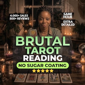 Op de afbeelding: Een advertentie voor een tarot-leesservice met de tekst BRUTAL TAROT READING NO SUGAR COATING, 4,000+ SALES, 500+ REVIEWS, SAME HOUR en EXTRA DETAILED. De afbeelding toont een persoon die een tarotkaart vasthoudt met vijf gouden sterren eronder.