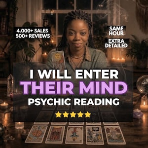 May include: A person with braided hair holds a tarot card in a dimly lit room with candles and crystals. Text overlays read 4.000+ SALES, 500+ REVIEWS, SAME HOUR, EXTRA DETAILED, I WILL ENTER THEIR MIND PSYCHIC READING, and five yellow stars.