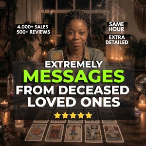 May include: A tarot card reading service featuring the text 4.000+ SALES 500+ REVIEWS, SAME HOUR, EXTRA DETAILED, EXTREMELY MESSAGES FROM DECEASED LOVED ONES, and five yellow stars. The image displays a spread of tarot cards on a dark wooden table.