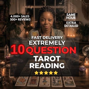 May include: A tarot reading service advertisement featuring text that reads 4.000+ SALES 500+ REVIEWS, SAME HOUR, EXTRA DETAILED, FAST DELIVERY, EXTREMELY 10 QUESTION TAROT READING, and five yellow stars, with a person holding a tarot card over a table.