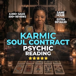 Könnte beinhalten: Eine Person mit geflochtenem Haar sitzt an einem Tisch mit Tarotkarten, Kerzen und Kristallen. Text: 4.000+ SALES 500+ REVIEWS, SAME HOUR EXTRA DETAILED, KARMIC SOUL CONTRACT PSYCHIC READING und fünf gelbe Sterne. Die Szene ist schwach beleuchtet.