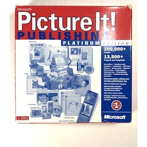 May include: A red and white cardboard box for Microsoft Picture It! Publishing Platinum Edition version 2001 software. The front features text and graphics showcasing various creative projects like newsletters, crafts, and greeting cards, along with a list of features including 200,000 images and 13,500 projects.