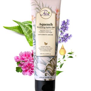 May include: A 100 ml tube of Puro Body & Soul Aquench Soothing Hydro Gel featuring a botanical print. The label states it repairs heat and pollution damage, is infused with aloe vera, witch hazel, licorice, and 5 essential oils, and is 3.38 fl. oz.