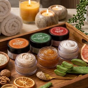 May include: A wooden tray containing three jars of body scrub labeled Mango and Grapefruit, Tropical Aloe, and Red Wine. The tray includes two open jars showing textured scrub, a gold spoon, aloe vera slices, dried orange slices, and walnuts.