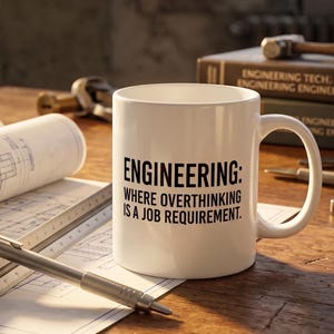 Puede incluir: Una taza de cerámica blanca con el texto impreso en negro: ENGINEERING: WHERE OVERTHINKING IS A JOB REQUIREMENT. La taza está colocada sobre un escritorio de madera junto a planos técnicos, una regla de dibujo metálica, un portaminas y libros.