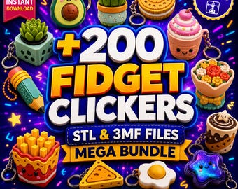 Puede incluir: Una colección digital de 200 diseños de fidget clickers con varios modelos de llaveros imprimibles en 3D que incluyen aguacate, cactus, galleta, cupcake, lápiz, patatas fritas, queso, huevo y estrella, con el texto +200 FIDGET CLICKERS.