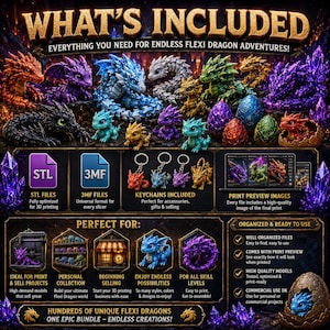 May include: A digital product bundle advertisement featuring numerous colorful, articulated flexi dragon figures and eggs. The graphic includes text labels for STL and 3MF files, keychain designs, print preview images, and organized file benefits.