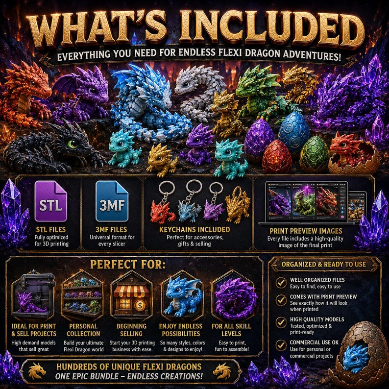 May include: A digital product bundle advertisement featuring numerous colorful, articulated flexi dragon figures and eggs. The graphic includes text labels for STL and 3MF files, keychain designs, print preview images, and organized file benefits.