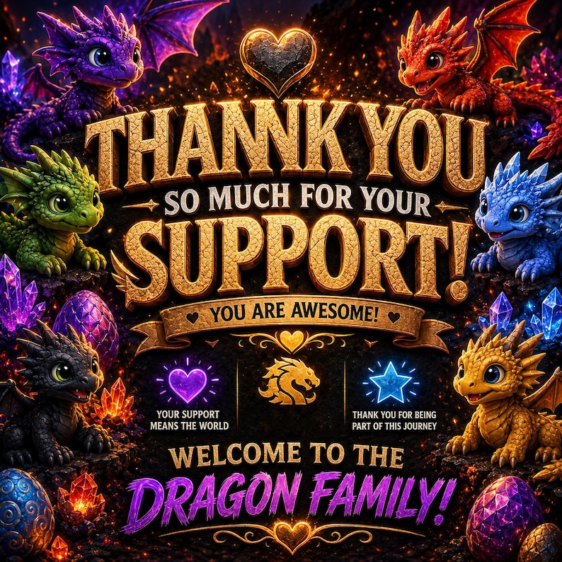May include: A decorative graphic featuring six colorful baby dragons in purple, red, green, blue, black, and gold, surrounding text that reads THANK YOU SO MUCH FOR YOUR SUPPORT! YOU ARE AWESOME! WELCOME TO THE DRAGON FAMILY! with crystal accents.