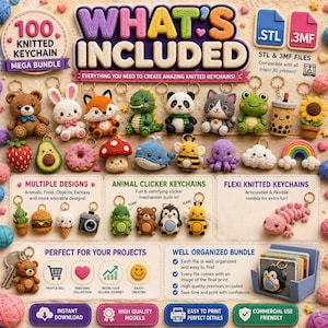 May include: A digital bundle of 100 knitted keychain designs for 3D printing, featuring various animals, food items, and fantasy creatures. The image displays colorful, textured 3D models including a bear, rabbit, fox, dinosaur, panda, cat, frog, and boba tea.