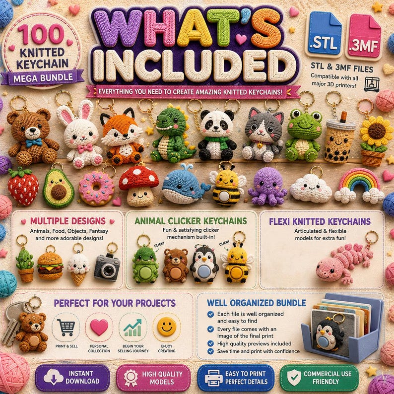 May include: A digital bundle of 100 knitted keychain designs for 3D printing, featuring various animals, food items, and fantasy creatures. The image displays colorful, textured 3D models including a bear, rabbit, fox, dinosaur, panda, cat, frog, and boba tea.