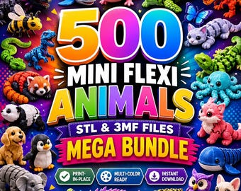 Puede incluir: Un gráfico digital con el texto 500 MINI FLEXI ANIMALS STL & 3MF FILES MEGA BUNDLE rodeado de varias figuras de animales articuladas impresas en 3D y coloridas, incluyendo un tiburón, ajolote, tortuga, dinosaurio, abeja y pulpo.