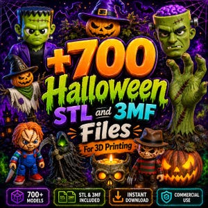 May include: A digital collection of over 700 Halloween-themed 3D printing files in STL and 3MF formats. The graphic features various horror characters including Frankenstein's monster, a pumpkin-headed scarecrow, Chucky, a grim reaper, and a skull candle.