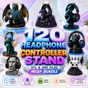ヘッドホンとコントローラースタンドのSTLファイルとMFファイル120個を収録したメガバンドル｜ゲームアクセサリー、デスクオーガナイザーの3Dプリント用モデル｜商用利用可