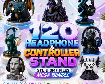 120 Headphone and Controller Stand STL & 3MF Files Mega Bundle | gaming accessory, Desk Organizer 3D Models For Printing | Commercial Use