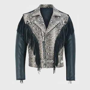 Men's Black Leather & Snake Print Fringe Biker Jacket – Western Motorcycle Style Outerwear