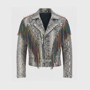 Men's Exotic Snake Print Leather Biker Jacket with Multicolor Fringe & Studded Shoulders