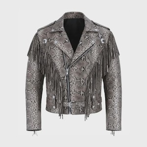 Men's Snakeskin Fringe Leather Biker Python Print Motorcycle Jacket, Western Cowboy Jacket