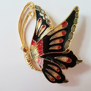 Vintage Enamel Butterfly Brooch: Black & Red Gold Tone Pin