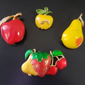 Original by Robert Yellow  Apple Broochwith a Caterpillar. Enamel Large Fruit Brooch.Yellow Pear Brooch.Summertime Fruit Brooch.Choose One