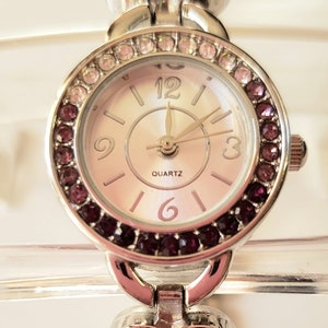 Vintage Rhinestone Crystal Heart Watch: Lilac Silver Link Band