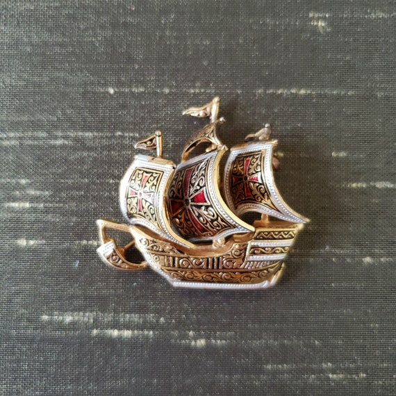 Ship Brooch. Spain Brooch.Vintage Brooch.Damascen… - image 1