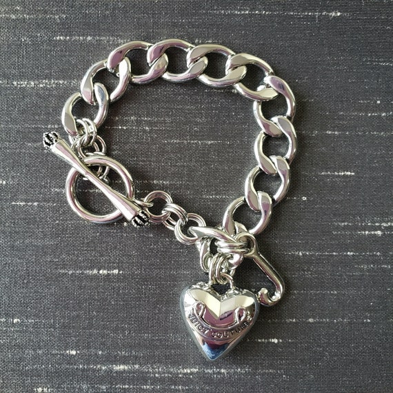 Juicy Couture Heart Bracelet.silver Ton Charm Bracelet.juicy Couture Jewelry.juicy  Link Chain Bracelet.juicy Heart Chunky Chain Bracelet 