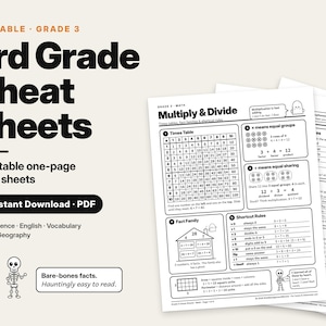 Può includere: Un set di 8 fogli di studio stampabili per la terza elementare in formato PDF. Le pagine presentano testo nero su sfondo bianco, coprendo matematica, scienze, inglese, vocabolario, storia e geografia, con piccole illustrazioni di fantasmi e scheletri.