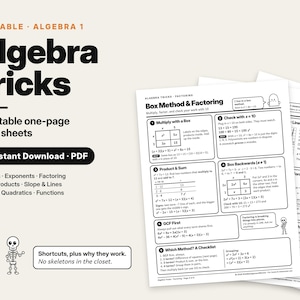 May include: A set of eight printable Algebra 1 cheat sheets featuring the text Algebra Tricks, Box Method & Factoring, and various mathematical equations. The documents include black and white illustrations of a ghost and a skeleton character.
