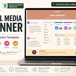 Puede incluir: Una pantalla de portátil que muestra una plantilla de Google Sheets para un planificador de redes sociales de Digital Workroom. El panel incluye una visión general, un flujo de contenido y una sección de publicaciones con tablas.