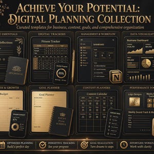 Peut inclure: Une collection de planification num&eacute;rique avec des mod&egrave;les noirs et dor&eacute;s pour les affaires, le contenu et les objectifs. L'affichage comprend un Zen Journal, un suivi de fitness, un tableau de bord, un budget mensuel et des outils de performance.