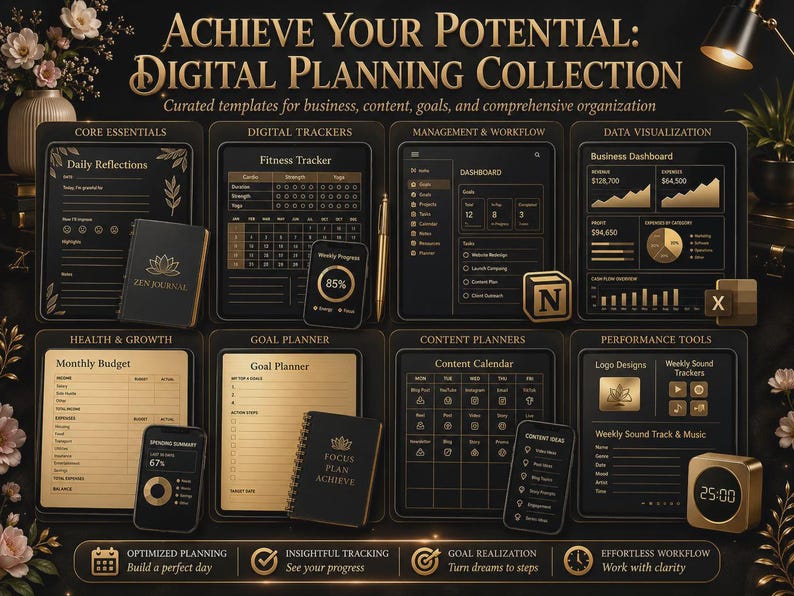 Peut inclure: Une collection de planification num&eacute;rique avec des mod&egrave;les noirs et dor&eacute;s pour les affaires, le contenu et les objectifs. L'affichage comprend un Zen Journal, un suivi de fitness, un tableau de bord, un budget mensuel et des outils de performance.
