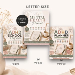 Può includere: Tre copertine di planner digitali intitolate ADHD School Planner con 57 pagine, Mental Health Planner con 56 pagine e ADHD Planner con 16 pagine. Ogni copertina presenta testo, icone e un quaderno a spirale. Il testo include Editable in Canva.